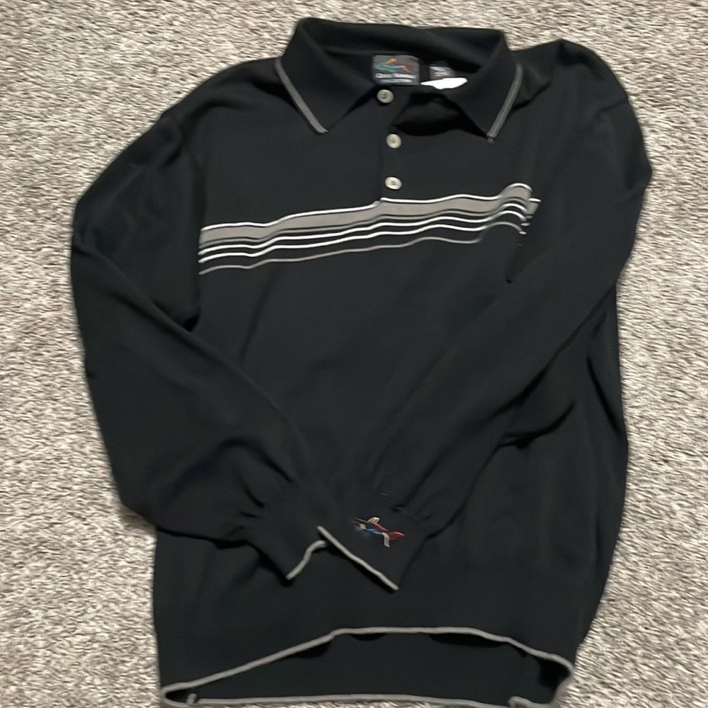 Greg Norman Men’s Large long sleeve sweater Black W/gray white‎ stripes on chest
